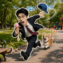 A vibrant and humorous 3D sticker design is superimposed onto a realistic...