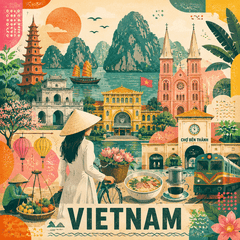 Hãy tạo một áp phích du lịch hiện đại, phong cách lấy cảm hứng từ kỹ thuật in...