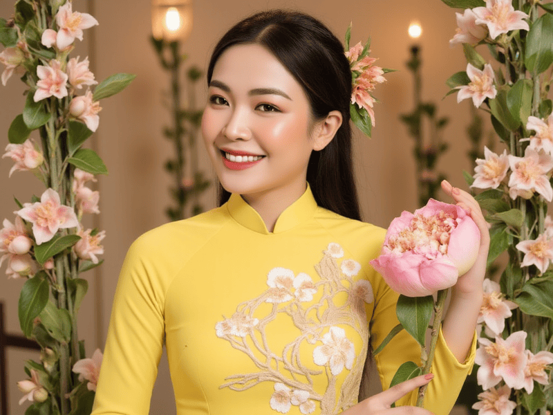 Con gái, cô gái, phụ nữ, áo dài, áo vàng, trang phục, Việt Nam, Tết, xuân, hoa đào