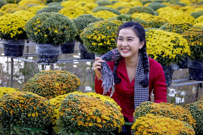Cô gái, con gái, áo bà ba, nông thôn, miền tây, làng hoa, hoa Tết, Tết, Việt Nam