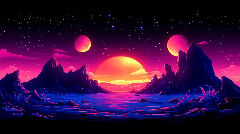 Phong cảnh, hoàng hôn, sunset, pixel, pixel art, nền, hình nền, background 2