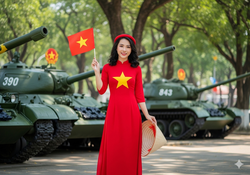 Thiếu nữ, young woman, cô gái, girl, áo dài, vietnamese dress, xe tăng, patriotism, lòng yêu nước, cờ đỏ, red flag