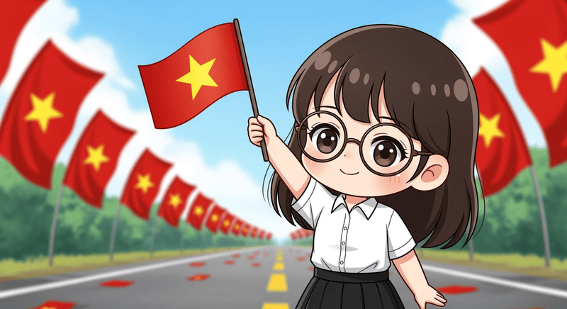 một cô bé dễ thương hiền lành đeo kính cận đang giơ cao lá cờ...