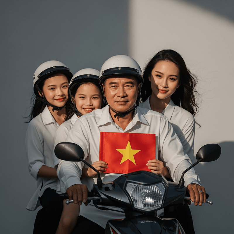 tạo ảnh gia đình đang đi trên xe máy cầm lá cờ Việt Nam. Với...