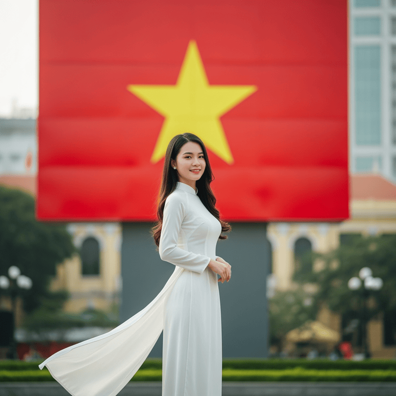 cô gái mặc áo dài màu trắng việt nam trước lá cờ đỏ sao vàng...