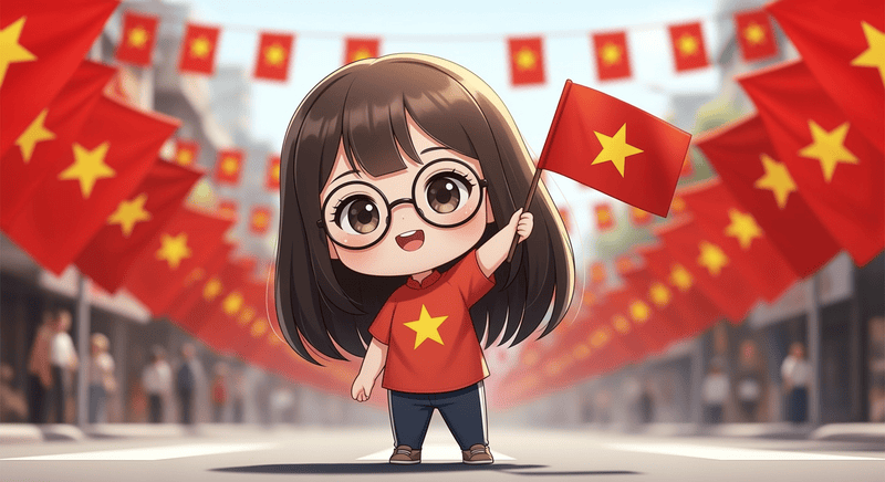 một cô bé dễ thương hiền lành đeo kính cận đang giơ cao lá cờ...