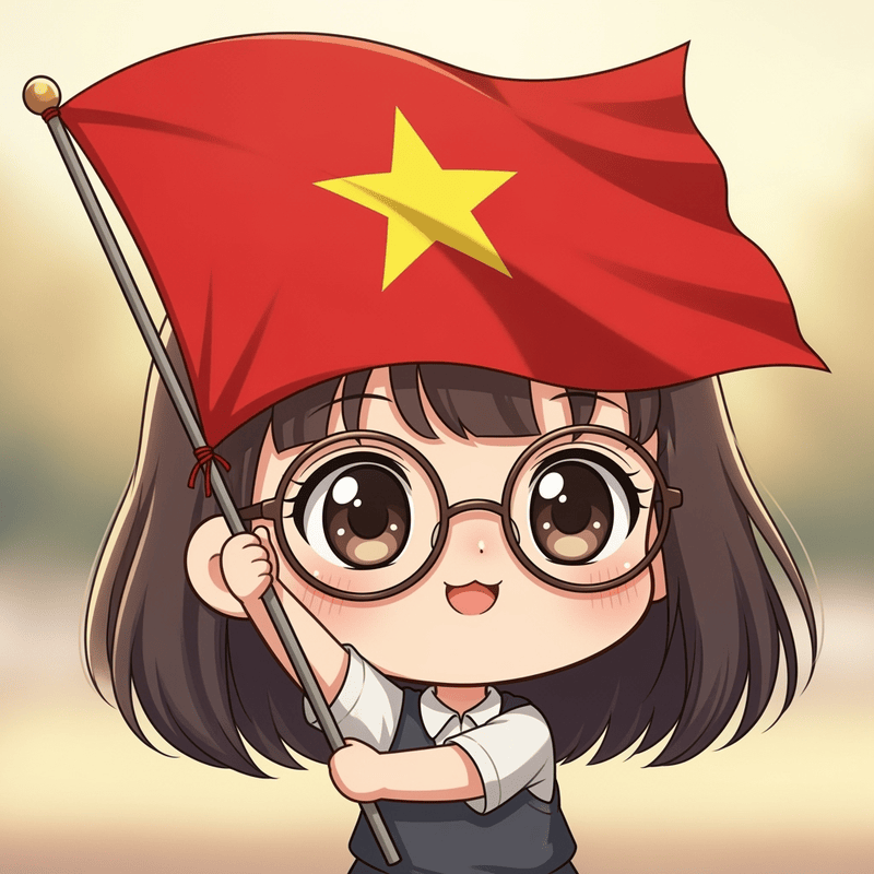 một cô bé dễ thương hiền lành đeo kính cận đang giơ cao lá cờ...
