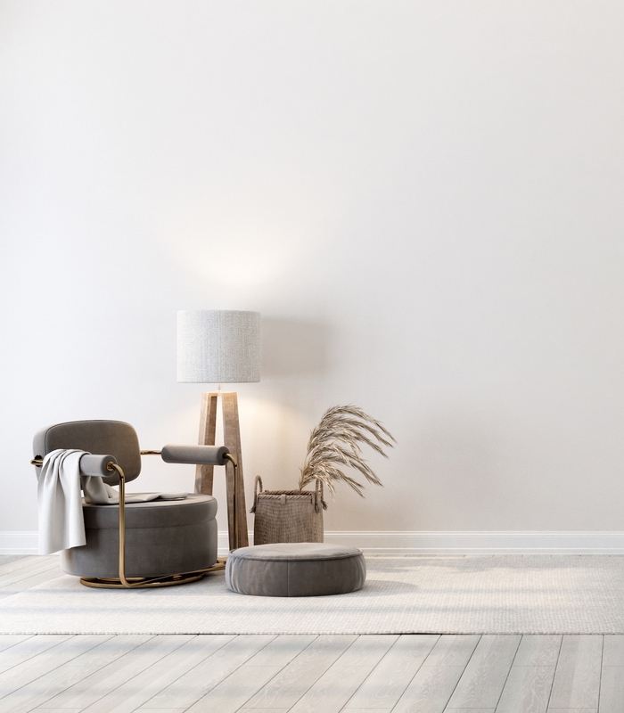 Ghế êm, cozy chair, floor lamp, đèn sàn, modern decor, trang trí hiện đại, neutral tones, tông màu trung tính, living space, không gian sống - Jiii
