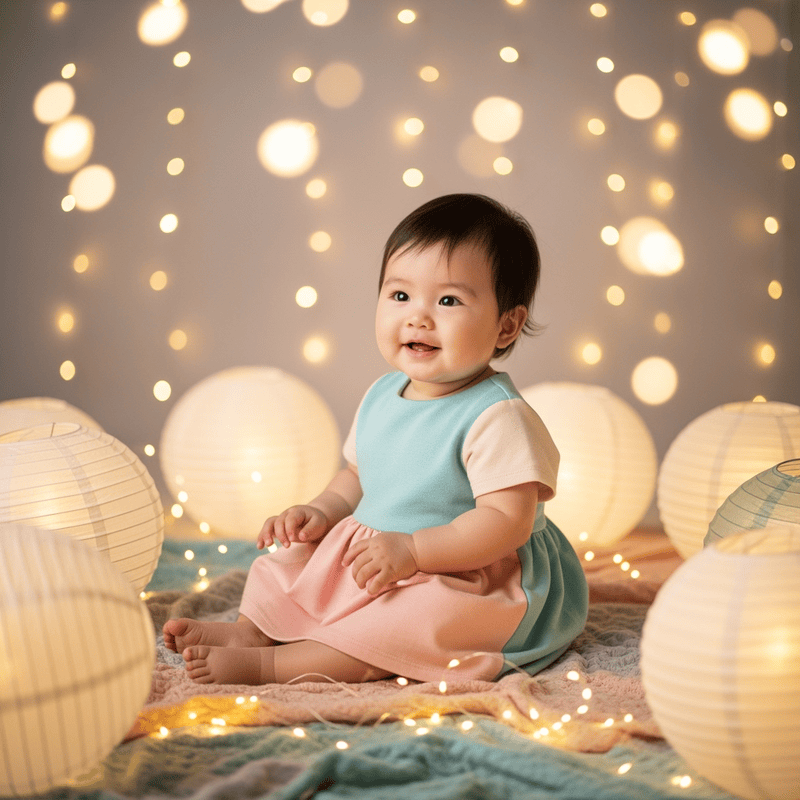 A 1-year-old baby girl in a modern pastel dress, surrounded by paper lanterns and...