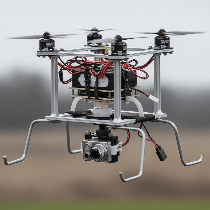 Design a  not perfect flycam, no need for a beautiful frame, with 4 propellers and 1...