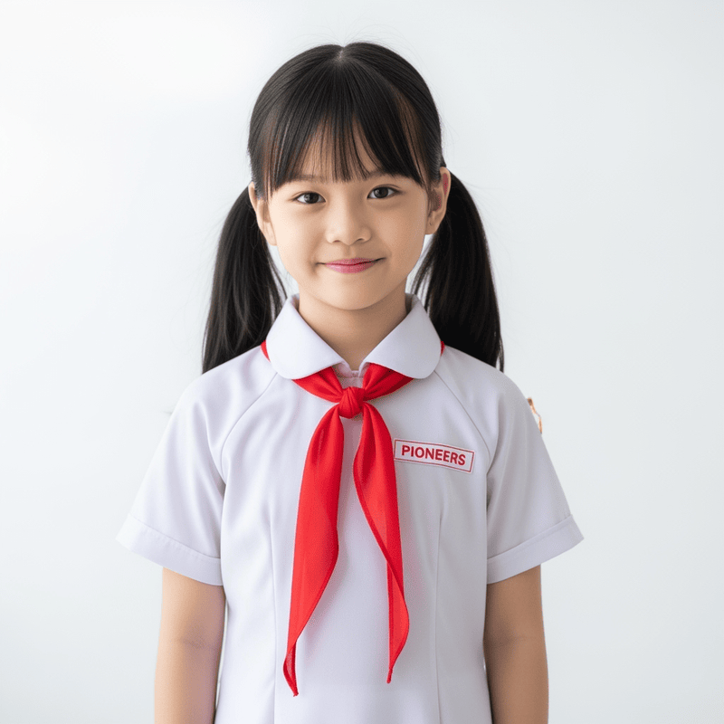 tạo ảnh cô bé việt nam mặc áo trắng đeo khăn quàng. Với màu...