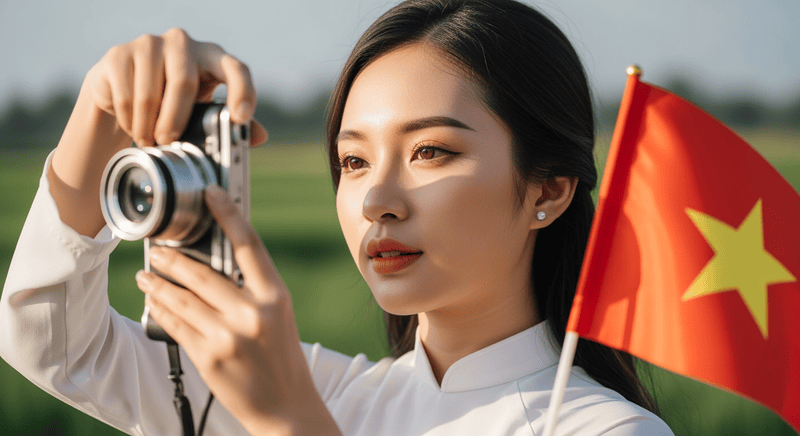 Tạo ảnh thiếu nữ chụp hình áo dài trắng cùng lá cờ Việt Nam....