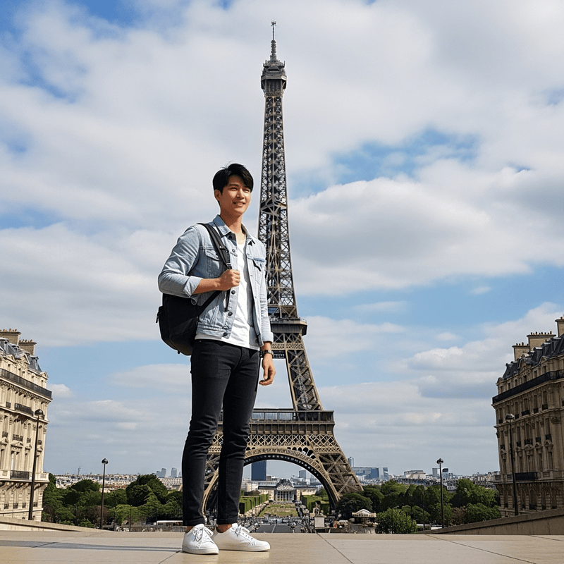 Nam, dáng người châu á 
Đi du lịch châu âu, tháp Eiffel 
Mặc đồ...