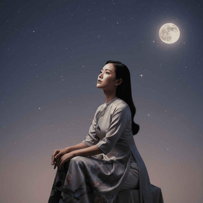 cô gái xinh đẹp quyến rũ ngồi buồn dưới bầu trời trăng sao...