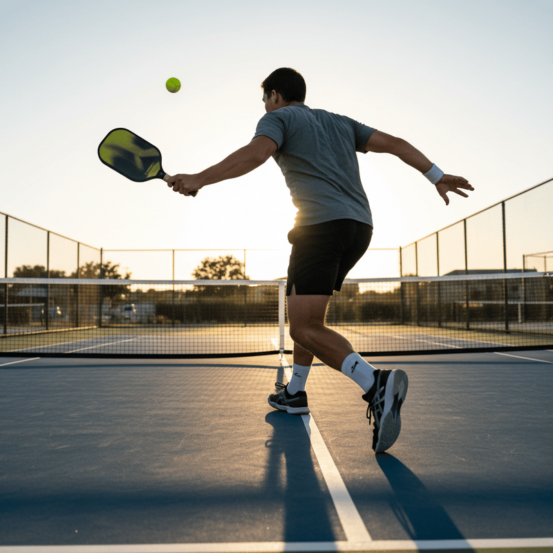 Hình ảnh từ đằng sau vận động viên đánh Pickleball đang đánh...
