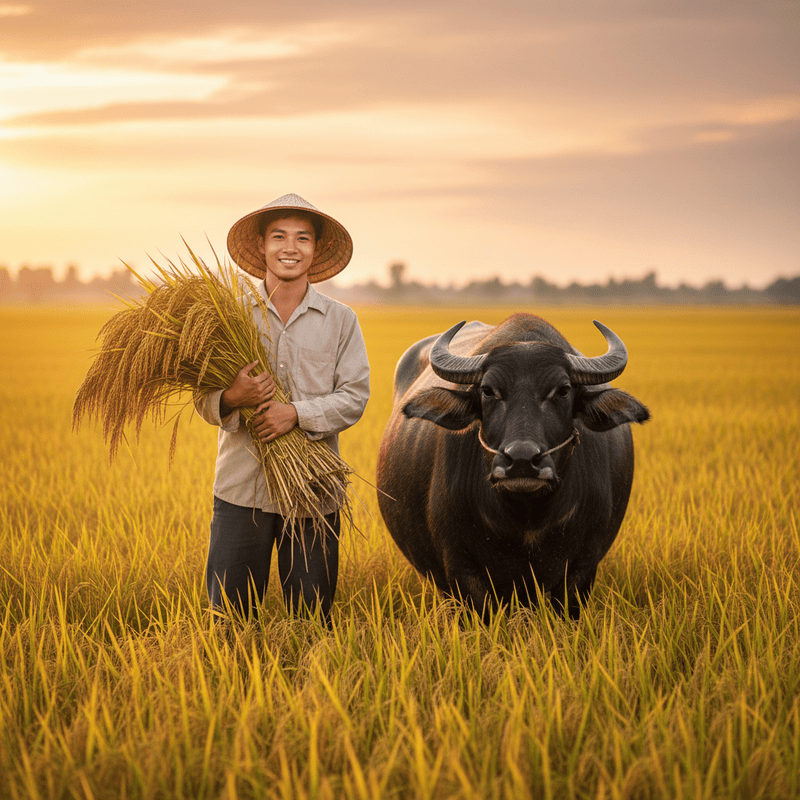 tạo ảnh một chàng trai nông dân trẻ trên tay cầm bó lúa chín vàng...