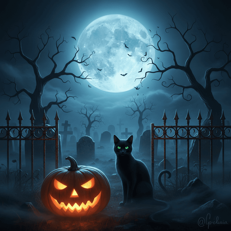 Một khung cảnh nghĩa trang đêm Halloween mang không khí ma mị và...