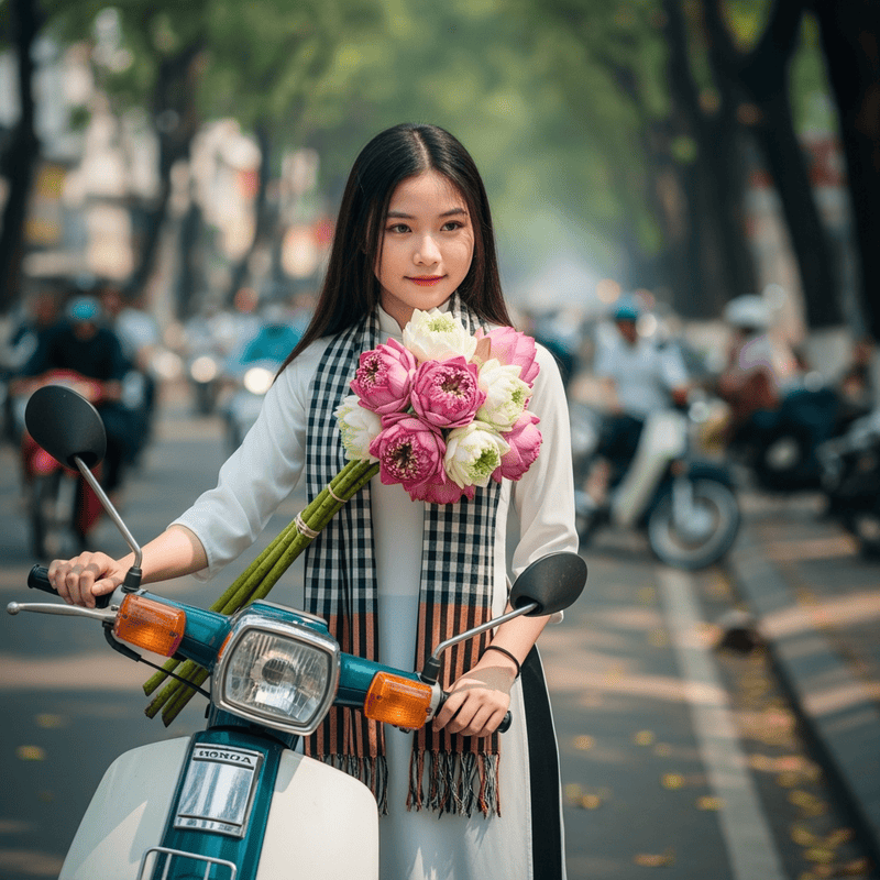 Tạo hình ảnh cô gái Việt Nam với tà áo dài trắng, với khăn ca...