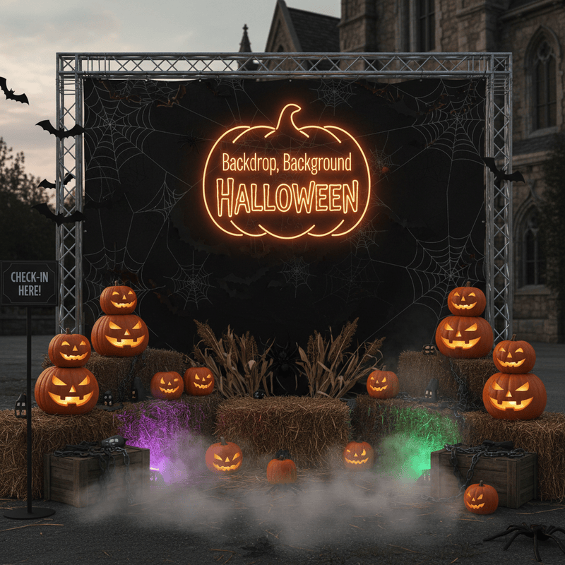 Góc checkin dựng backdrop khung cảnh halloween. Trên Backdrop có ghi:
"...