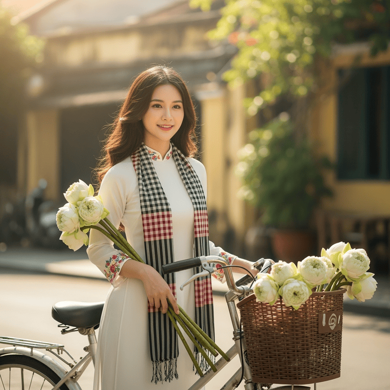Tạo hình ảnh cô gái Việt Nam với tà áo dài trắng, với khăn ca...