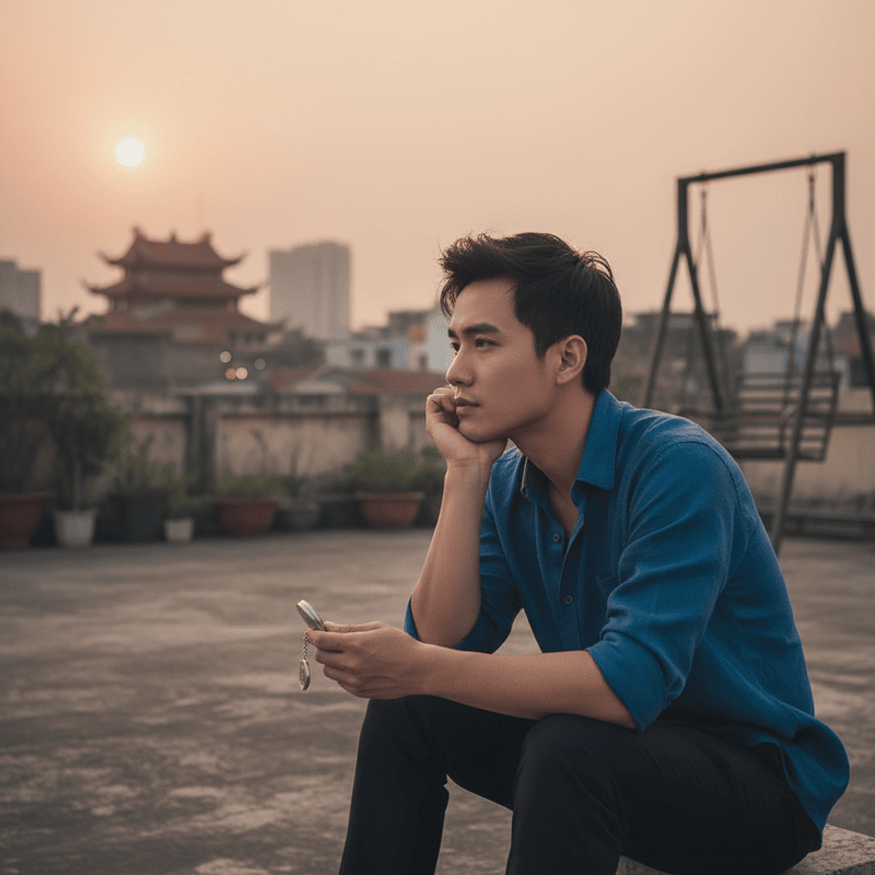 chàng trai quyến rũ ngồi buồn trên sân thượng nhớ người yêu....