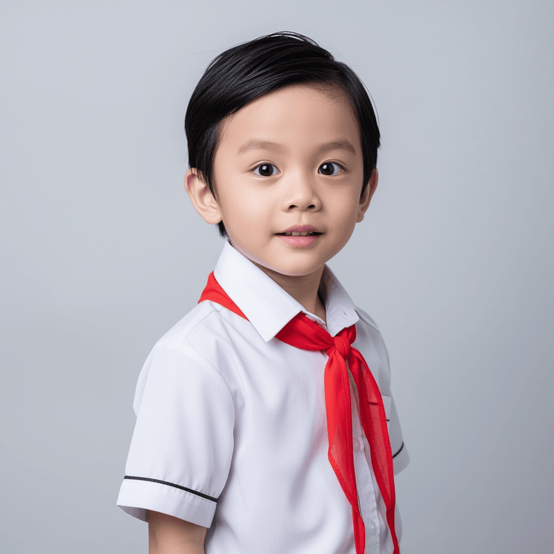 tạo một cậu bé Việt Nam khoảng 5 tuổi, mặc áo sơ mi trắng, khăn...