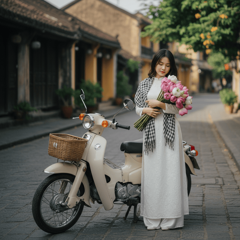 Tạo hình ảnh cô gái Việt Nam với tà áo dài trắng, với khăn ca...