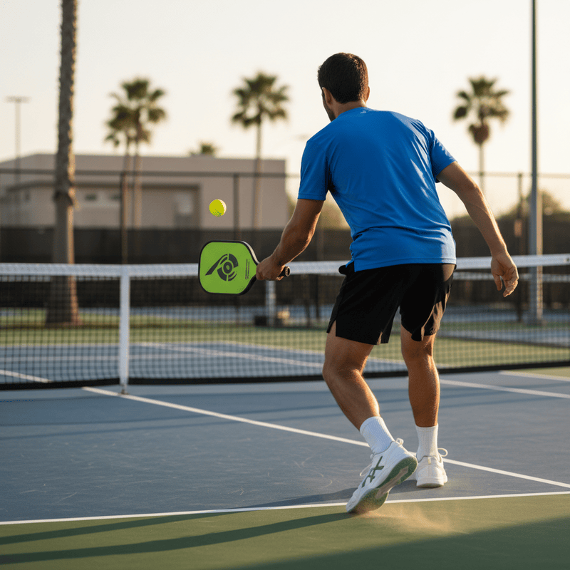 Hình ảnh từ đằng sau vận động viên đánh Pickleball đang đánh...