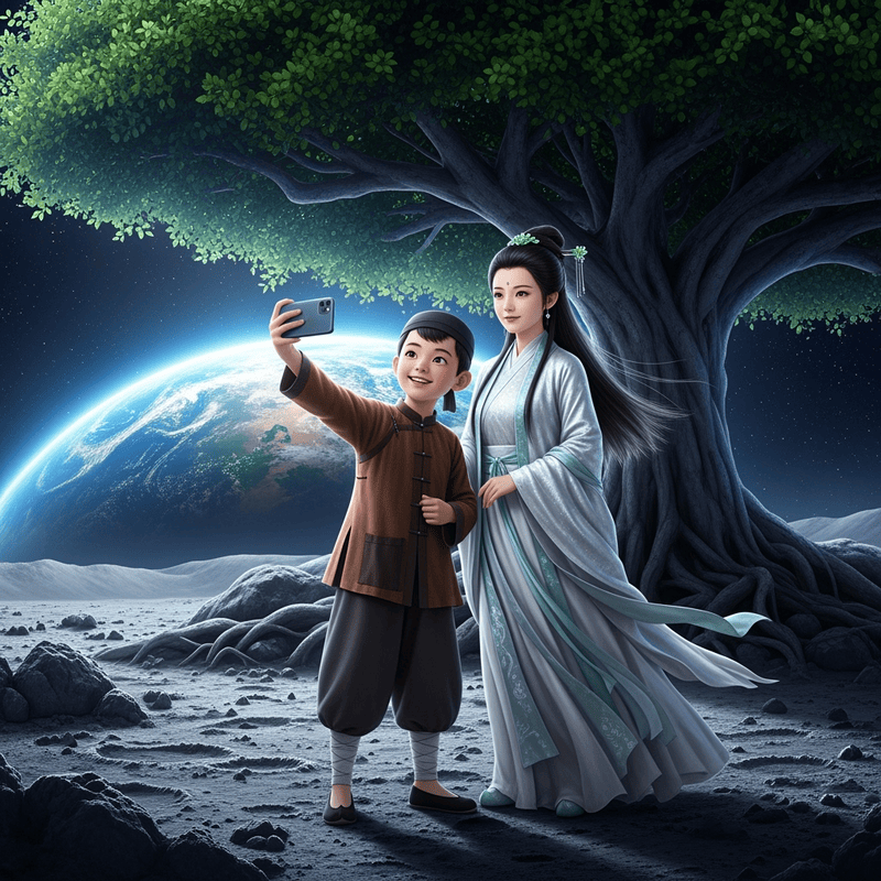 Tạo ảnh chú cuội và chị hằng nga chụp selfie dưới gốc cây đa...