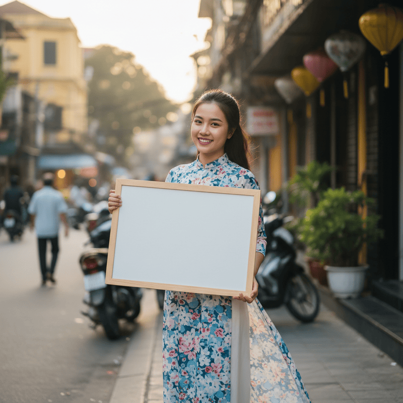 Cô gái cầm bảng, trên bảng ghi câu: chúc mừng sinh nhật , nếu...