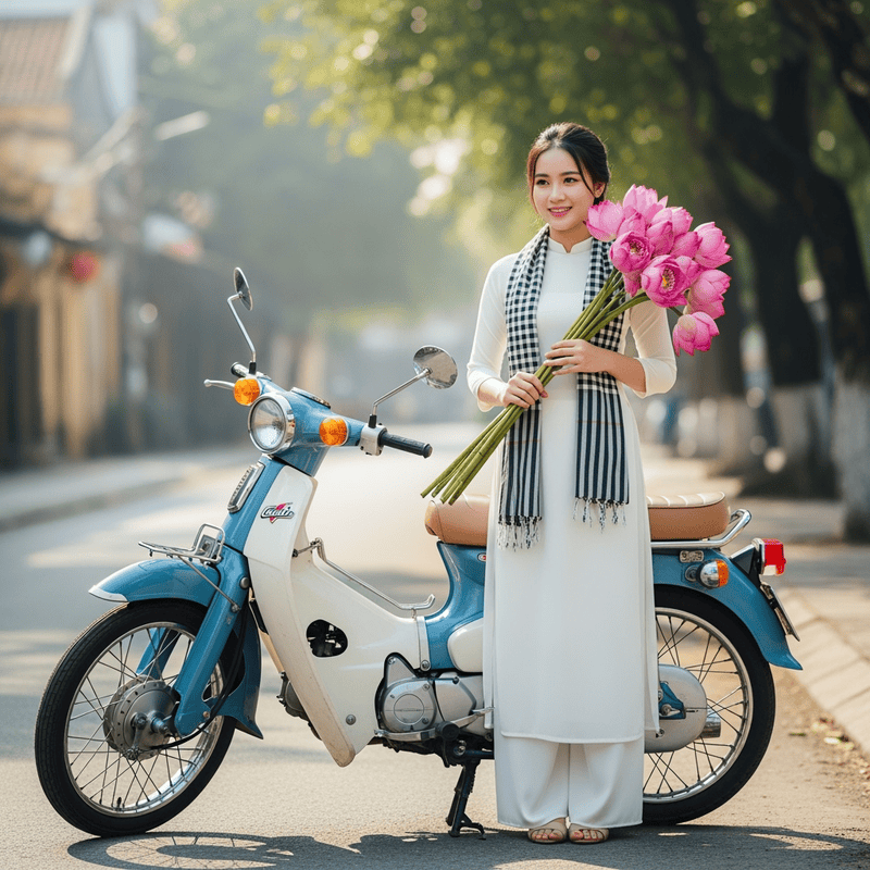 Tạo hình ảnh cô gái Việt Nam với tà áo dài trắng, với khăn ca...