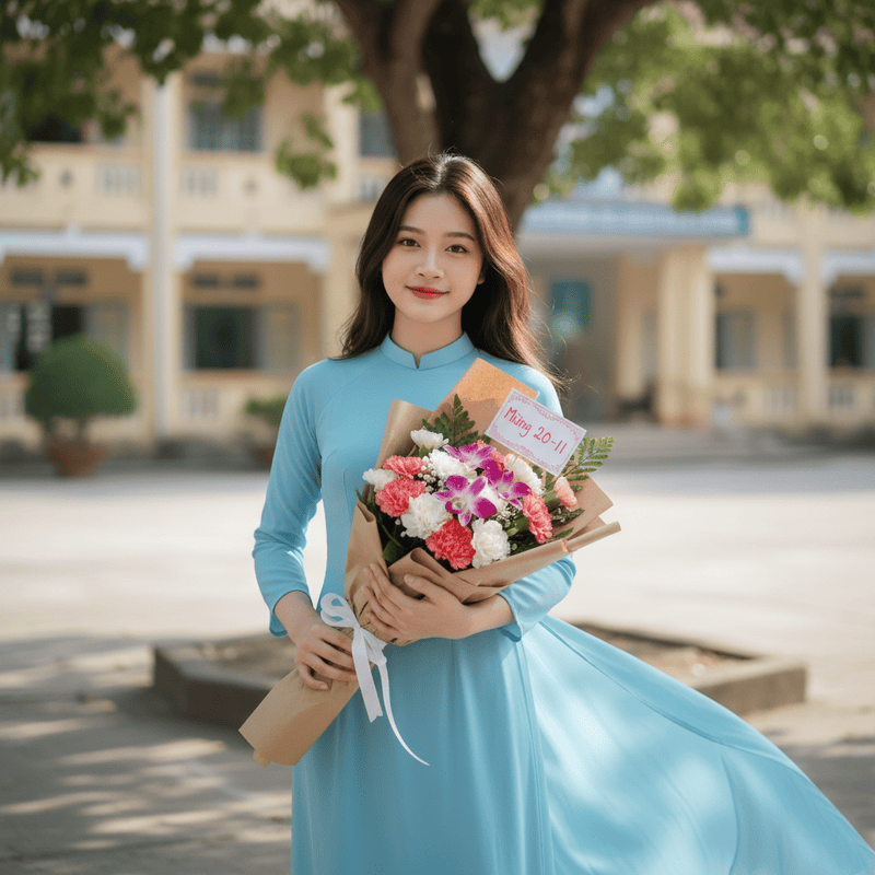 Cô giáo, giáo viên, cầm hoa, nhà giáo Việt Nam, Vietnamese teachers, flower