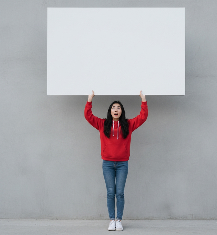 Cô gái, mẫu ảnh, cầm bảng, ngạc nhiên, quảng cáo, girl, model, holding the board, advertisement, surprised