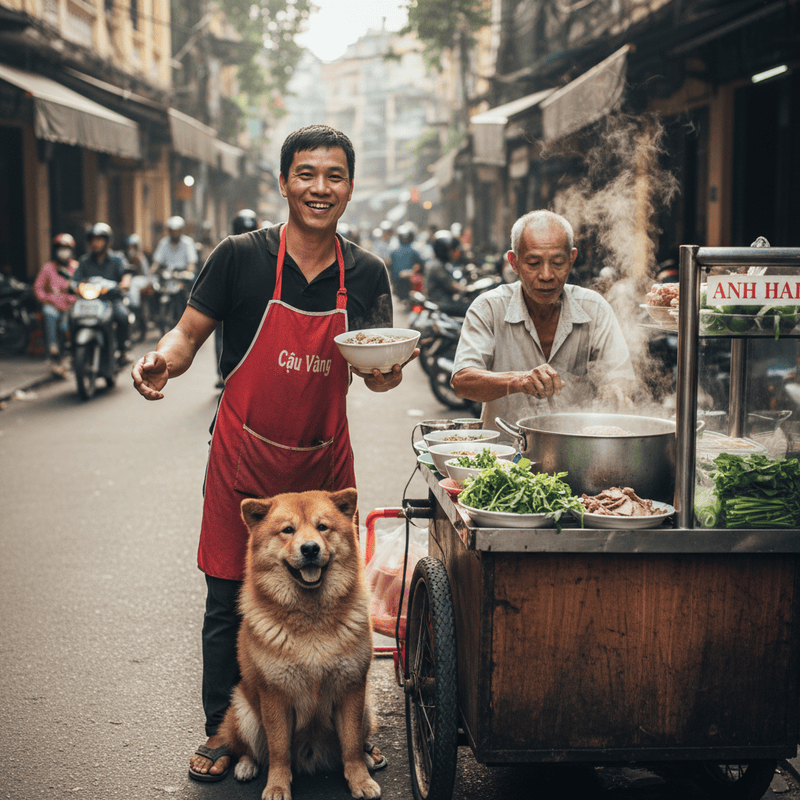 Một anh chàng mặc tạp giề đỏ việt nam bán phở anh hai và chó...