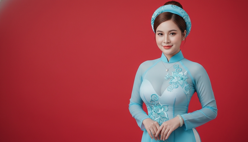 Cô gái mặc áo dài mỏng màu Xanh 
da trời đẹp rạng rỡ, trên cổ...