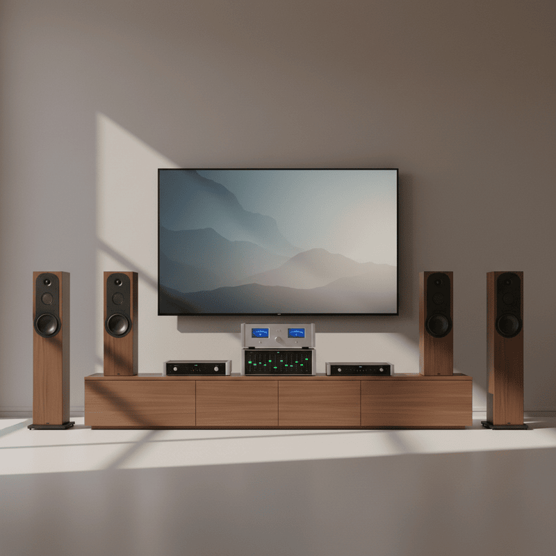 Dàn Âm Thanh hifi 4 loa màu nâu để trên kệ màu nâu với đày đủ âm...