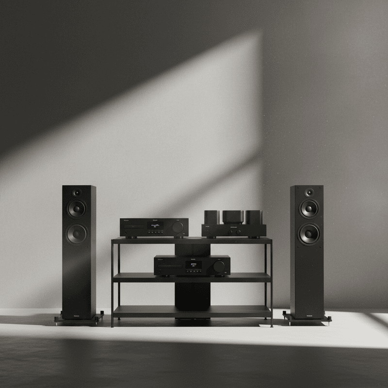 Dàn Âm Thanh Hi-Fi  màu đen để trên kệ màu đen - đẹp lung linh huyền...
