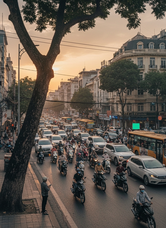 Cảnh ngã tư đường ở hà Nội buổi chiều tắc đường , góc...
