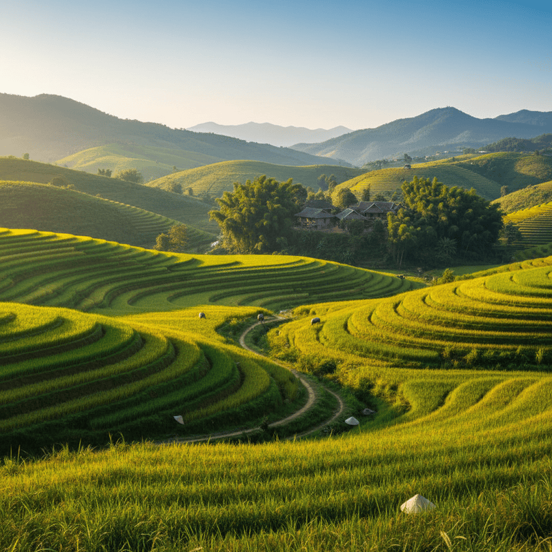 Looking across rolling green hills under radiant daylight, golden tones...