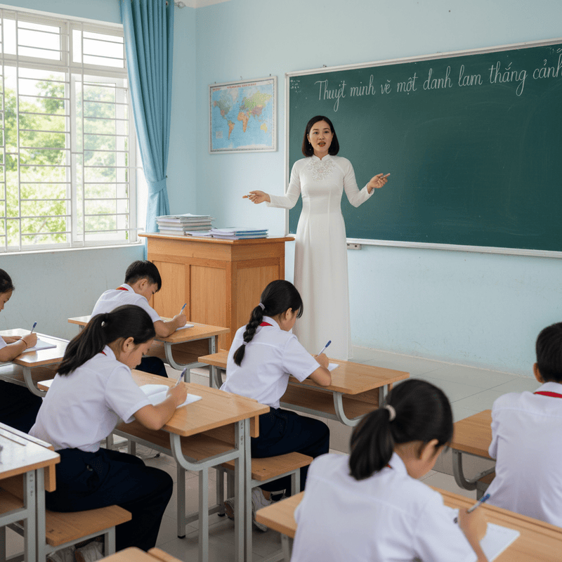 Cô giáo Việt Nam dạy Ngữ Văn mặc áo dài, hăng say giảng bài...
