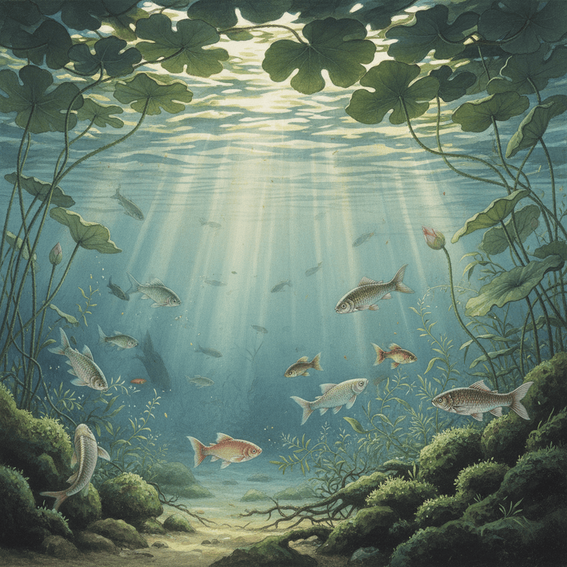 Vietnamese silk painting style, Underwater shot looking up towards the surface,...