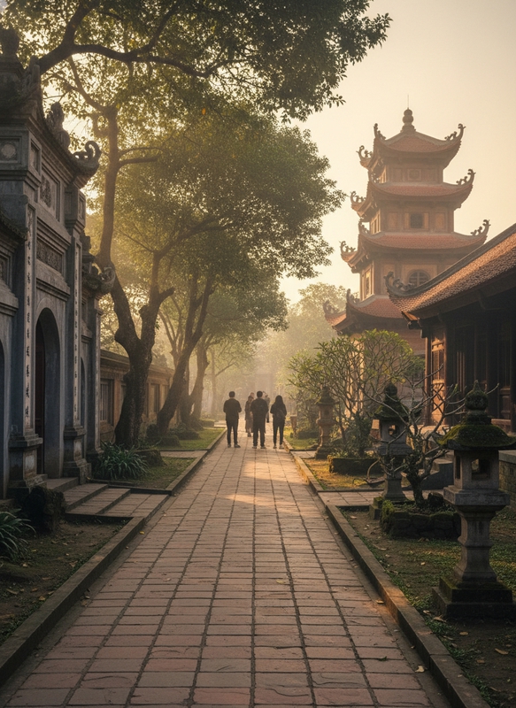 Ảnh con đường bên trong chùa thắng nghiêm phía xa có hình bóng ít...