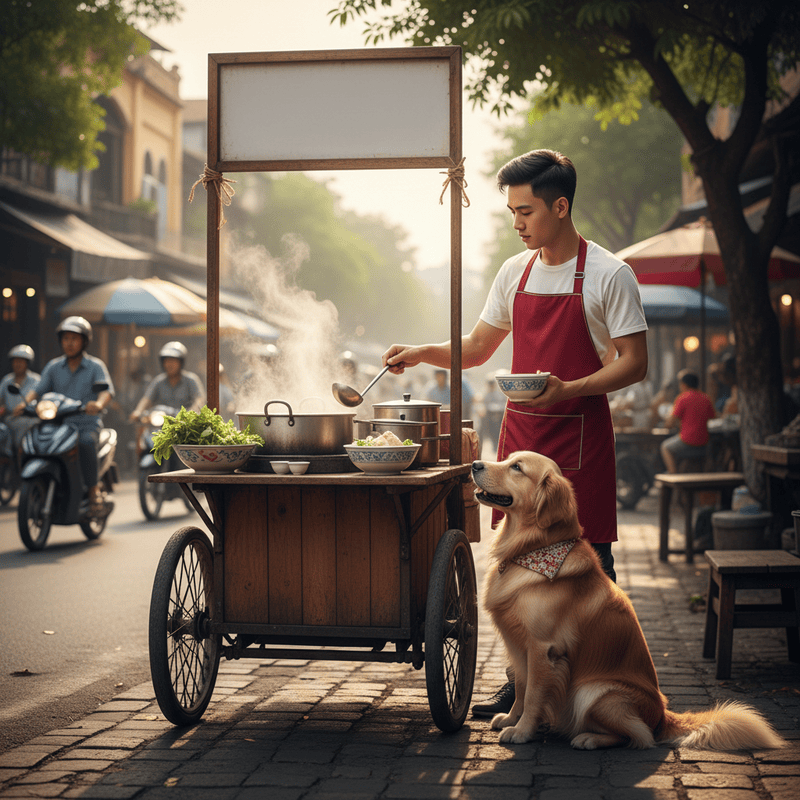 Anh chàng mặc tạp giề đỏ mở quán phở anh hai cùng chó cậu vàng ....
