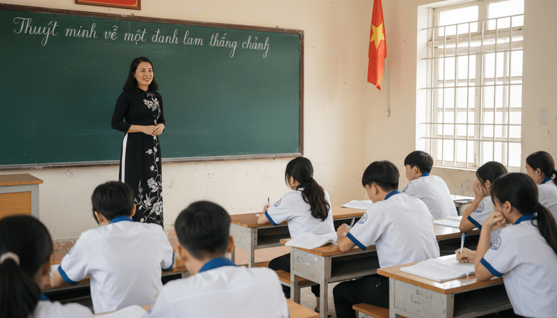 Cô giáo Việt Nam dạy Ngữ Văn mặc áo dài, đứng trên bục giảng....