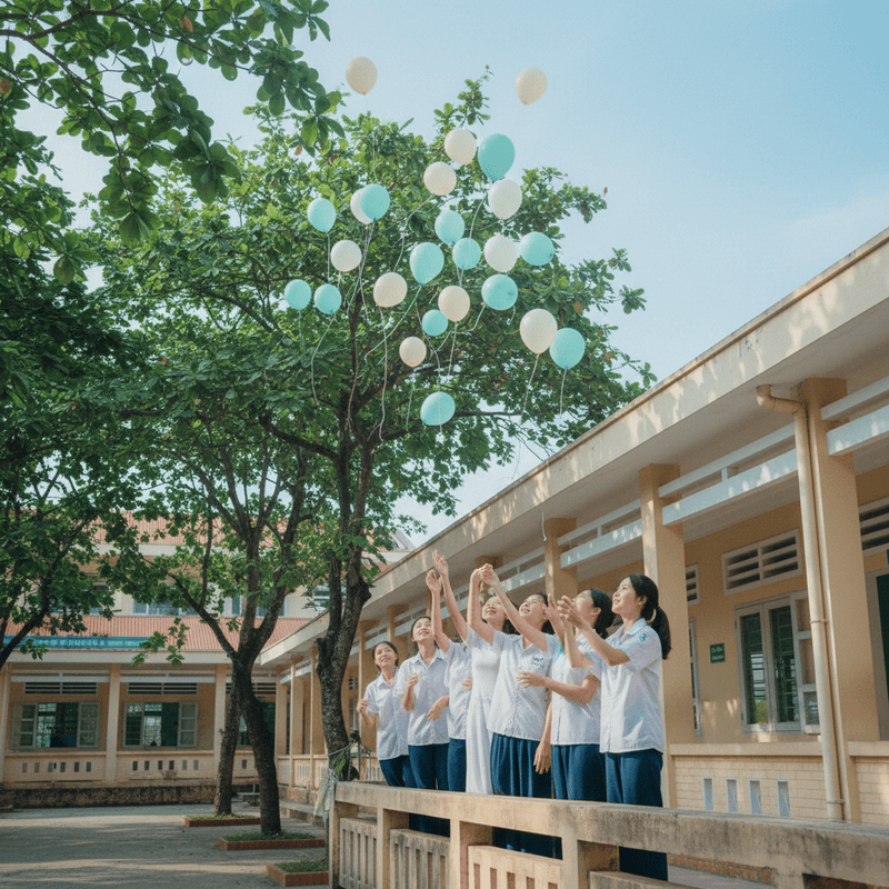 Nhóm học sinh Việt Nam mặc đồng phục trắng đứng trên lan can...