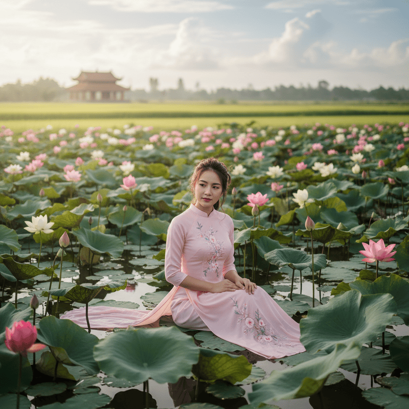 1 cô gái ngồi đầm sen . Với đặc điểm phong cách thực tế . Nếu...