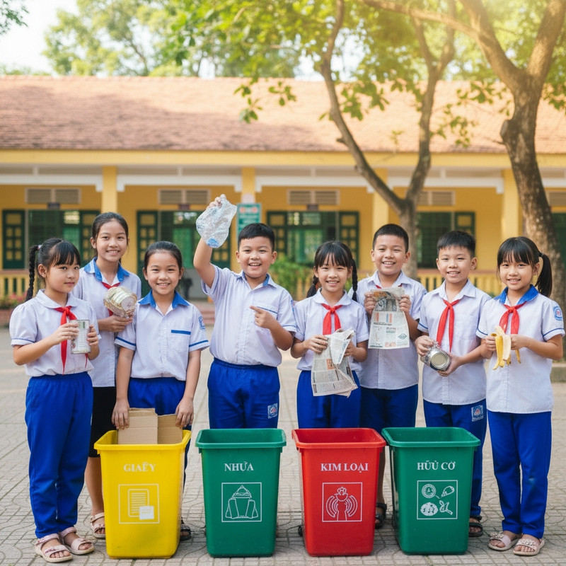 Ảnh học sinh vui vẻ phân loại rác . Với đặc điểm phong cách...