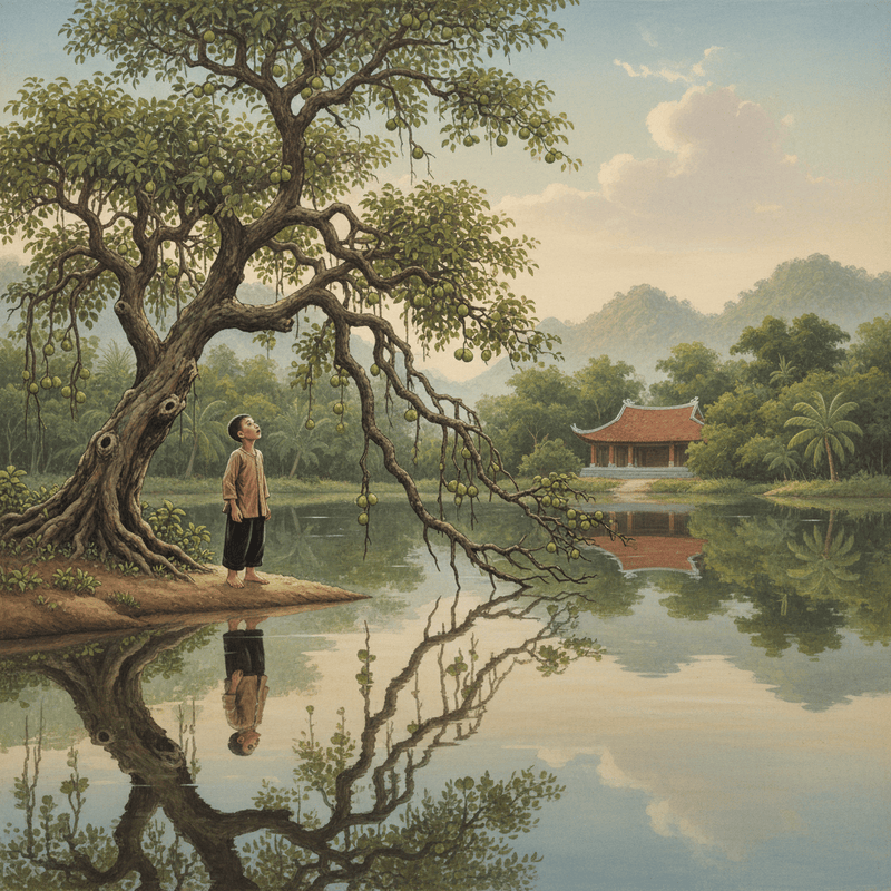 Vietnamese silk painting style, Wide establishing shot showing an ancient,...