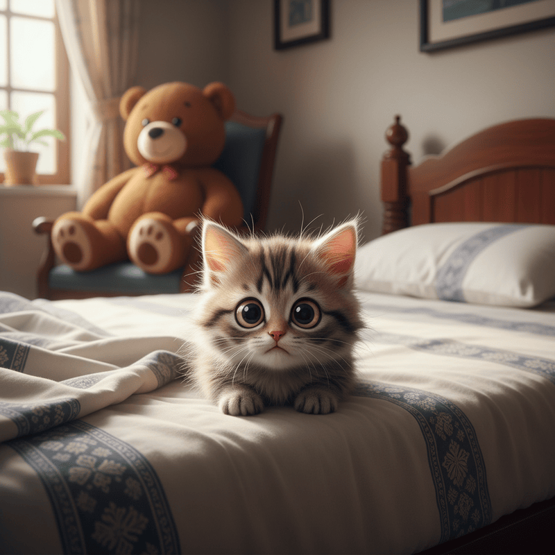 Hình ảnh chú mèo con nhỏ mở to mắt với biểu cảm sợ hãi phóng...