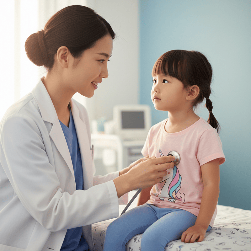 tạo hình ảnh Bác sĩ đang khám bệnh cho 1 bé gái khoảng  tuổi. cả 2...